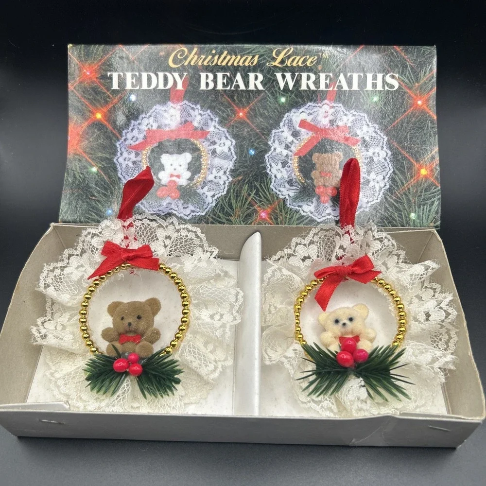 Christmas Lace Teddy Bear Wreaths Set of 2 Tree Ornaments Decoration Vintage